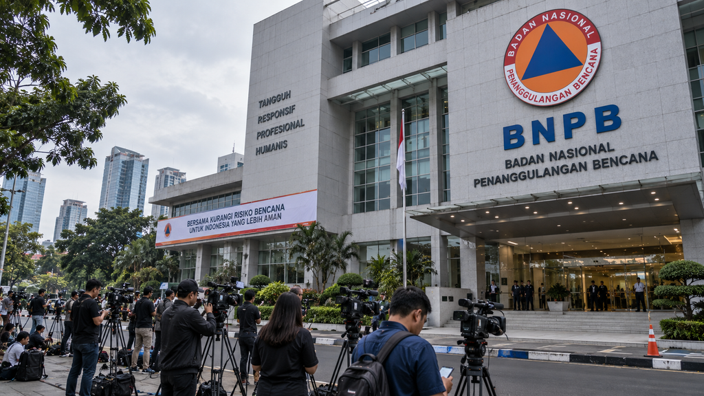 Fasad luar gedung Badan Nasional Penanggulangan Bencana (BNPB) yang menjadi sorotan media pasca operasi tangkap tangan oleh KPK.