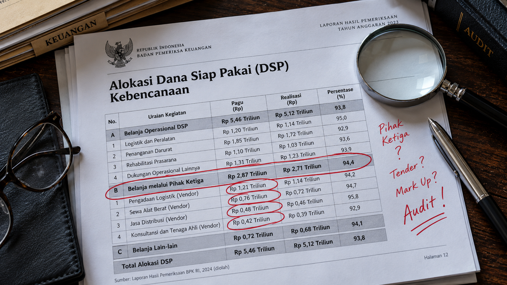 Dokumen laporan audit keuangan yang merinci alokasi triliunan rupiah untuk Dana Siap Pakai (DSP) kebencanaan di atas meja penyidik.
