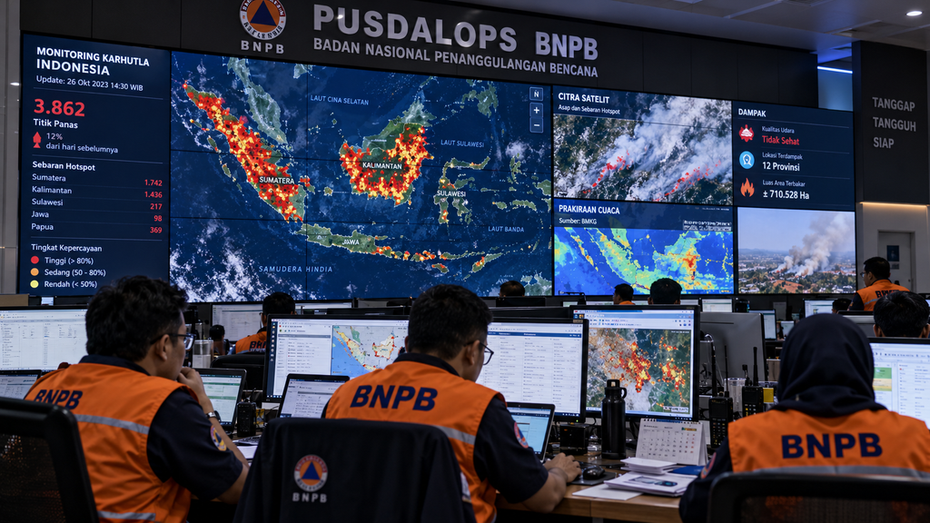 Suasana Pusat Pengendalian Operasi (Pusdalops) BNPB yang memantau titik api kebakaran hutan dan lahan secara waktu nyata melalui layar raksasa.
