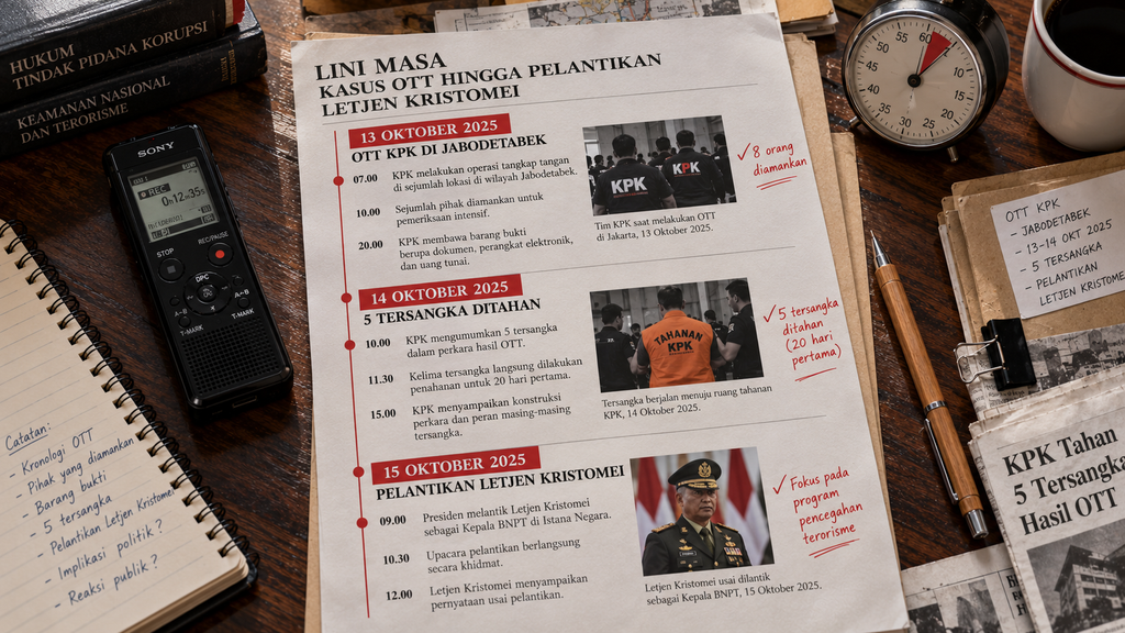 Lembar catatan linimasa yang memetakan urutan kejadian dari operasi tangkap tangan KPK pada 13 Oktober hingga pelantikan Kepala BNPB pada 15 Oktober.